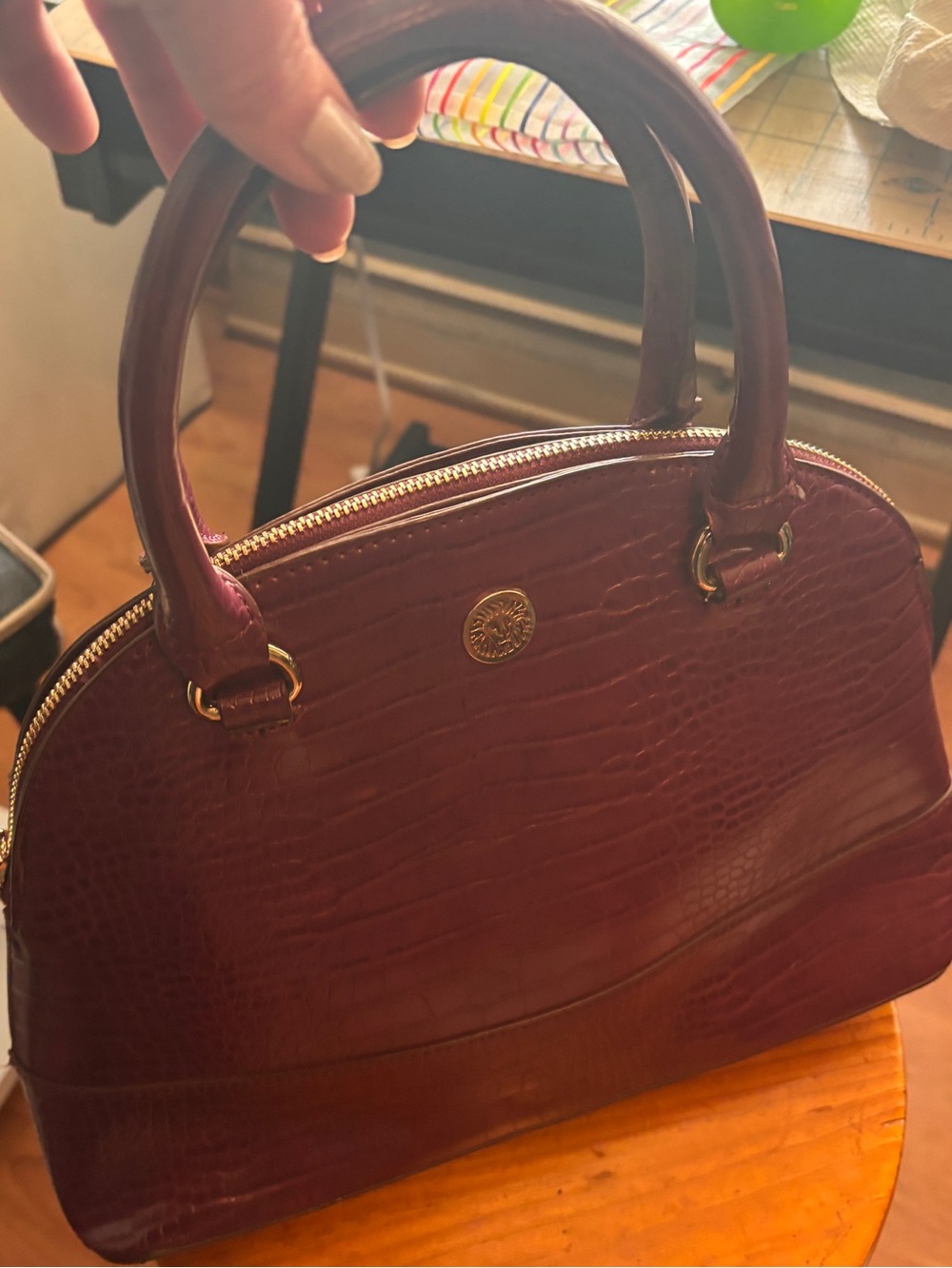 Anne Klein Croc-Embossed Satchel - Eggplant w/ Gold Accents - Like New
